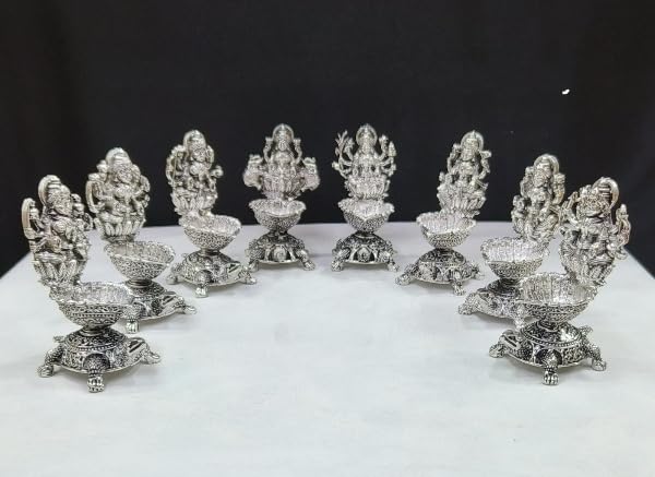 Antique Finish German Silver astalaxmi Tortoise Diyas, 8 Different laxmi on top of Tortoise